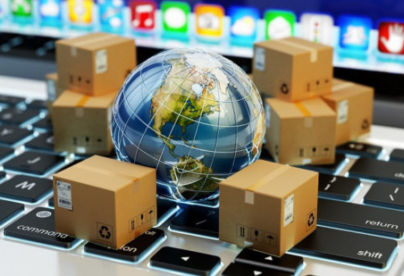 Internet shopping, online purchases, e-commerce, international package delivery concept, global transportation business, stack of cardboard boxes and Earth globe on computer keyboard